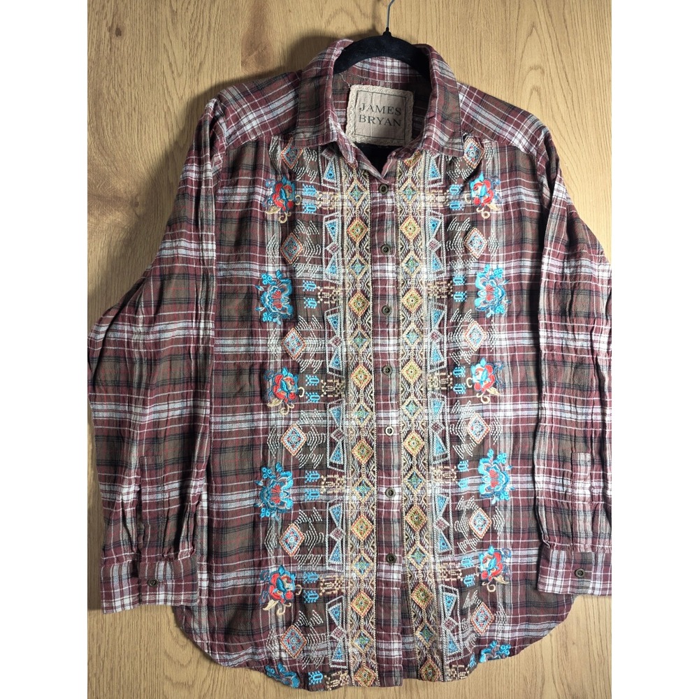 James Bryan Womens Shirt Medium Plaid Embroidered Long Sleeve Button Down Brown